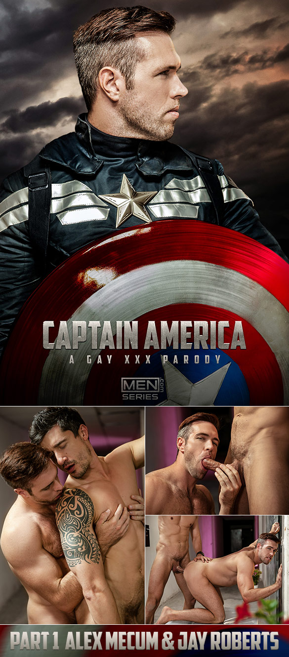 Men.com: Alex Mecum and Jay Roberts flip fuck in "Captain America: A Gay XXX Parody, Part 1"