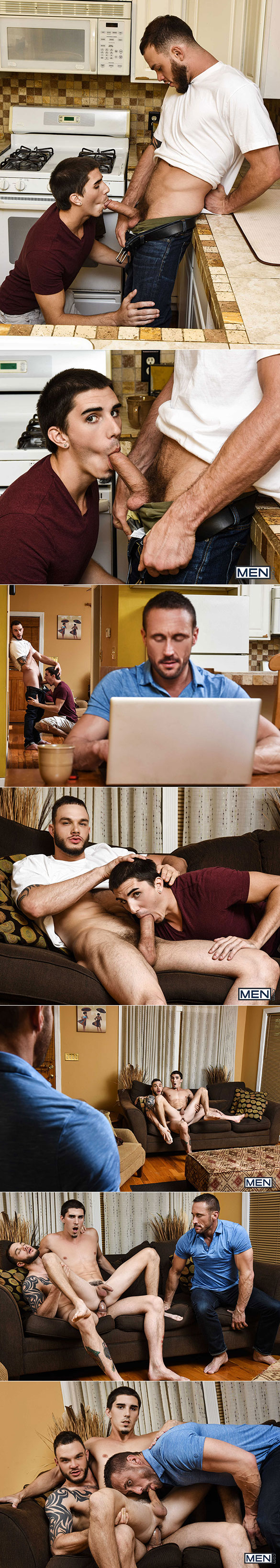 Men.com: Damien Kyle bottoms for big-dicked Myles Landon and Cliff Jensen in "Coffee Time"