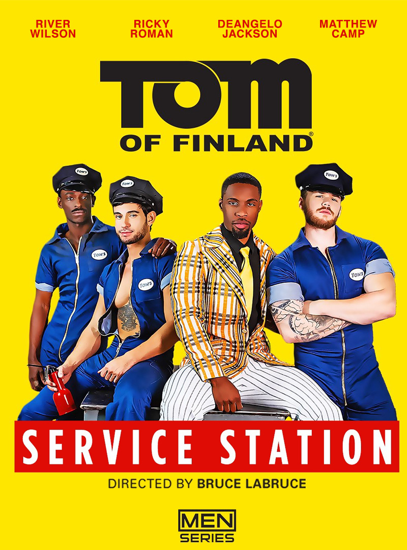 Men.com: Matthew Camp, DeAngelo Jackson, River Wilson and Ricky Roman fuck bareback in "Tom Of Finland - Service Station"
