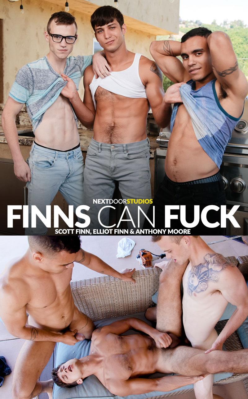 Next Door Studios: Anthony Moore and Scott Finn bang Elliot Finn bareback in "Finns Can Fuck"