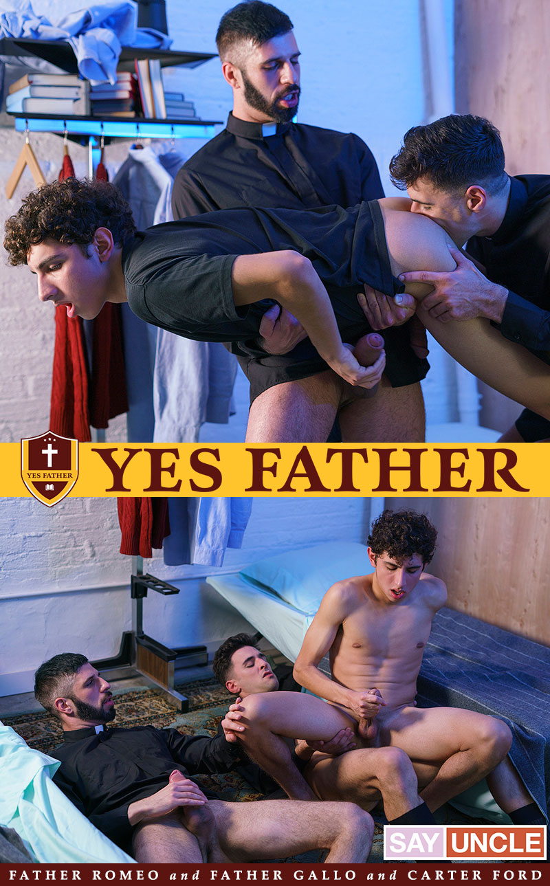Yes Father: Father Romeo and Father Gallo tag team Carter Ford bareback in "In the Dormitory"