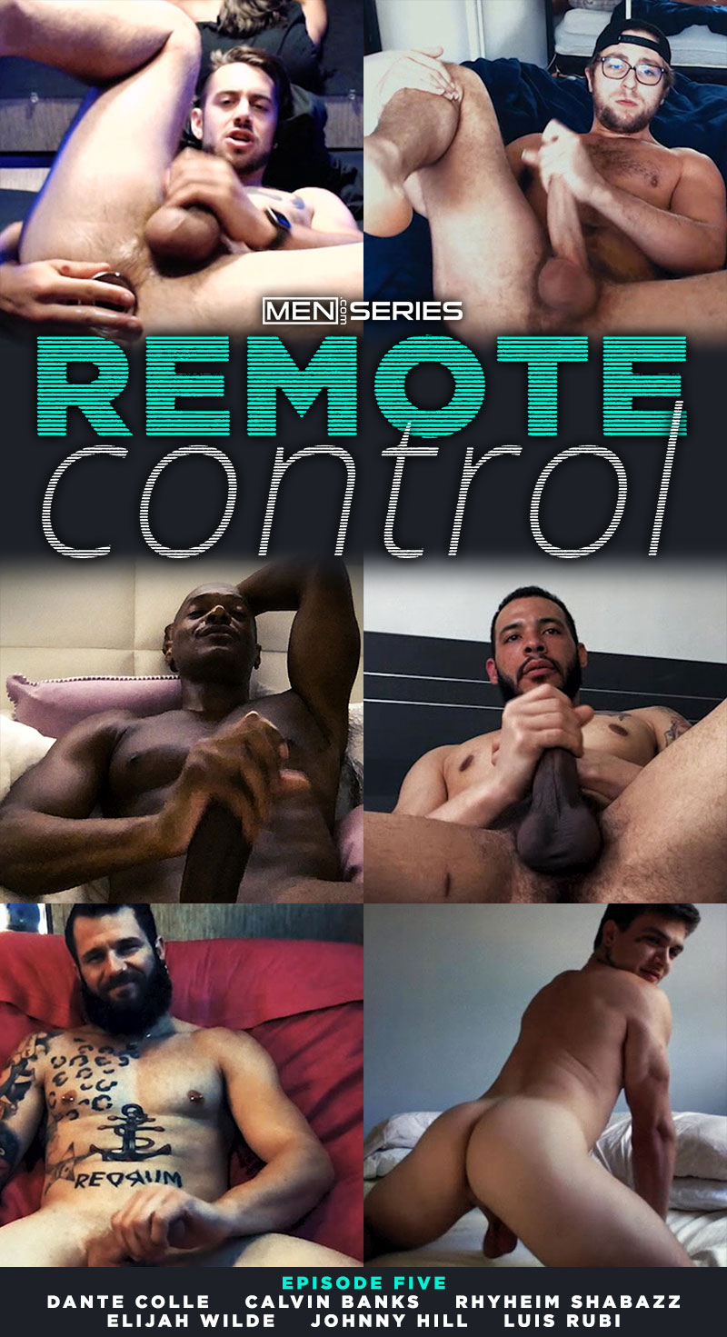 Men.com: Dante Colle, Luis Rubi, Calvin Banks, Johnny Hill, Elijah Wilde and Rhyheim Shabazz have a virtual circle jerk in "Remote Control, Episode 5"