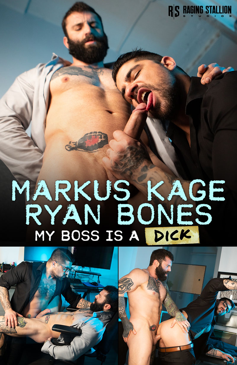 Raging Stallion: Markus Kage and Ryan Bones take each other's thick cocks bareback in "My Boss Is a Dick"