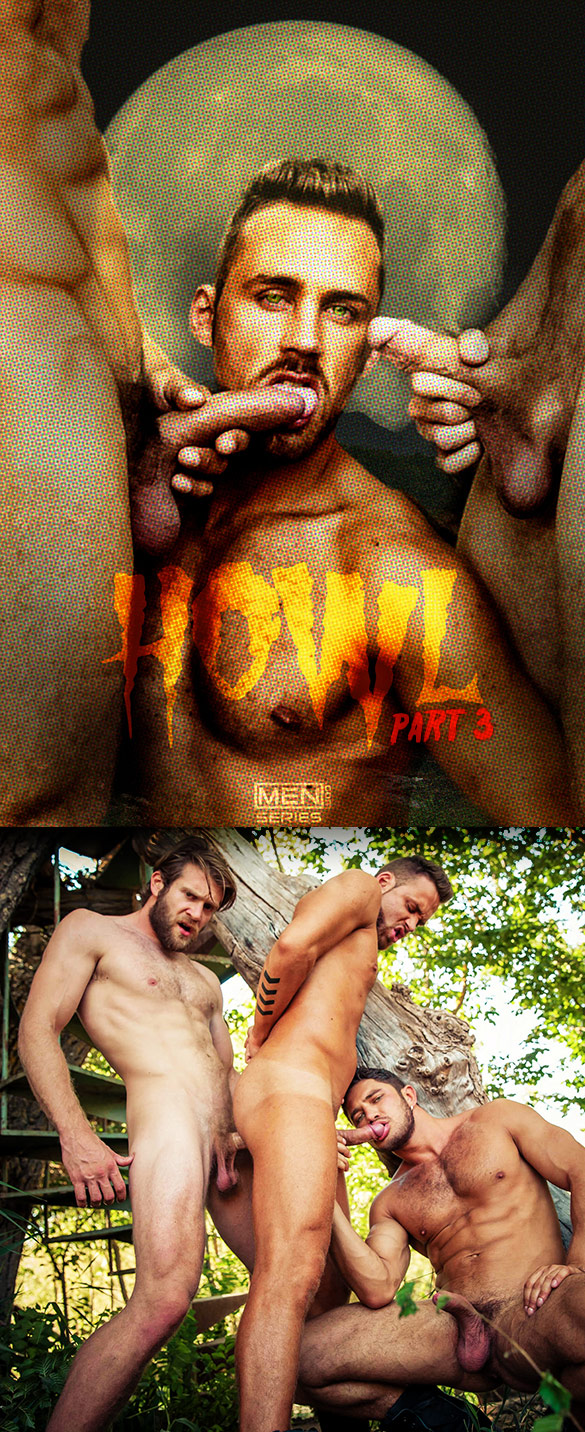 Men.com: Colby Keller and Dato Foland fuck Logan Moore in "Howl, Part 3"